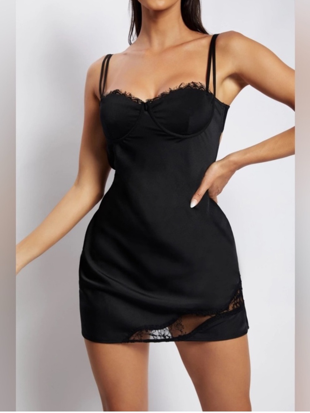 Meshki Joslyn Satin Lace Slip Mini Dress - Black XXS